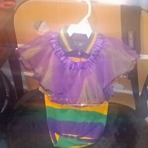 Festive Kids Costume with Purple and Green Stripes